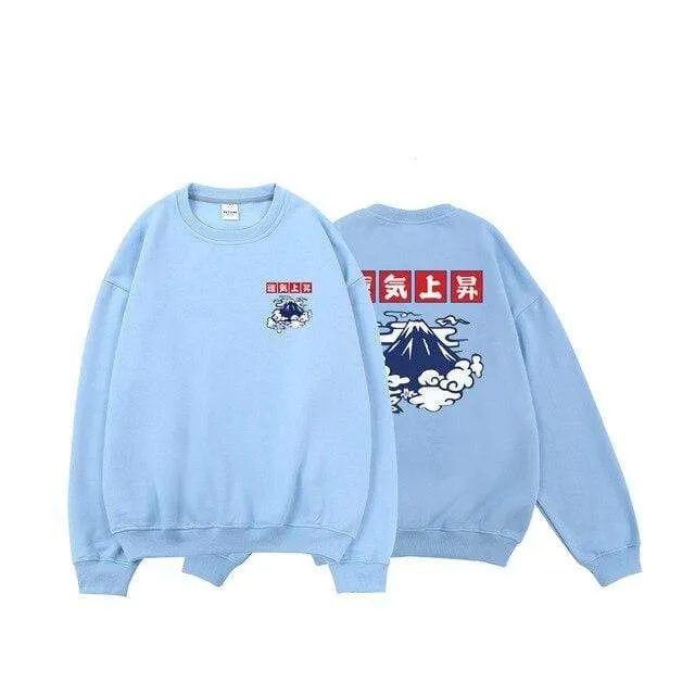 Japanische Glücksfleece-Sweatshirts für Herren, warme Hoodies, Wolkendruck, übergroße Winterpullover, Harajuku-Sweatshirts für Herren