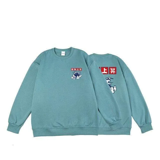 Japanische Glücksfleece-Sweatshirts für Herren, warme Hoodies, Wolkendruck, übergroße Winterpullover, Harajuku-Sweatshirts für Herren
