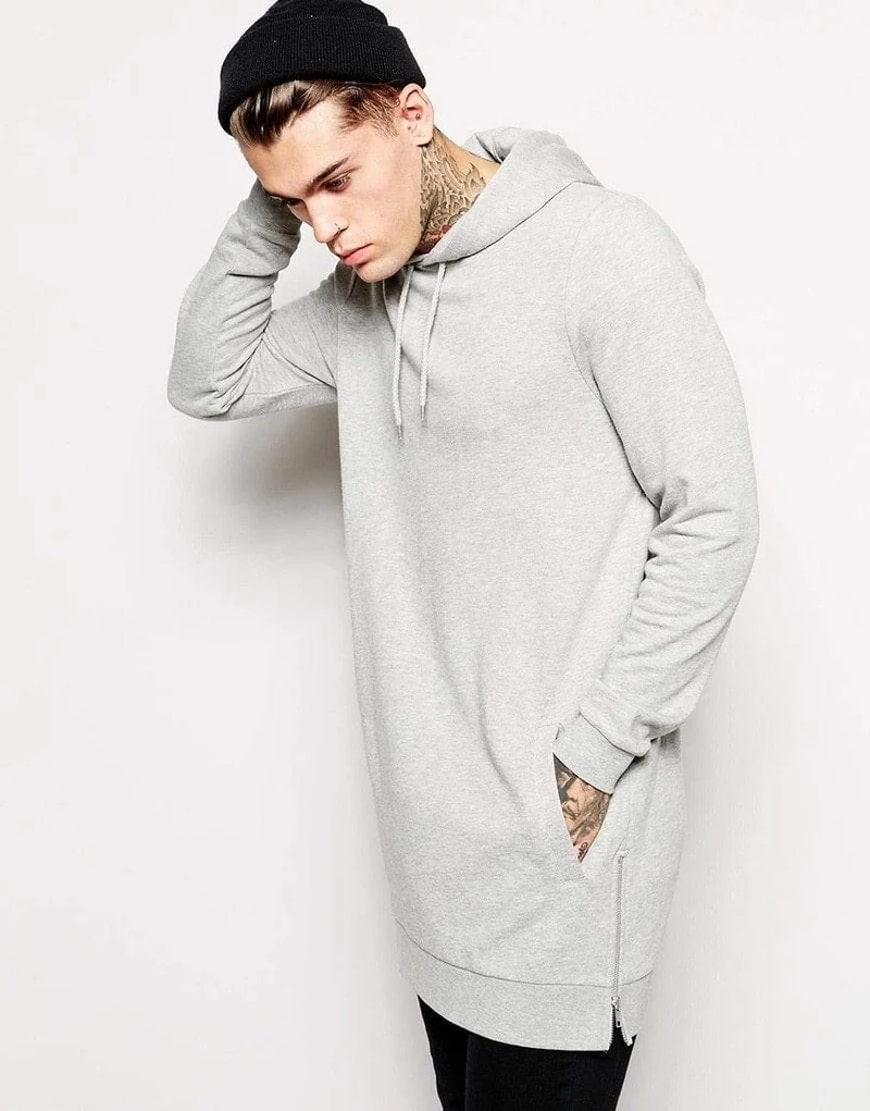 Streetwear Herren Lange Schwarze Hoodies Sweatshirts Feece extra lang Hoody Seitlicher Reißverschluss Longline Hip Hop verlängert für Männer Hoodie
