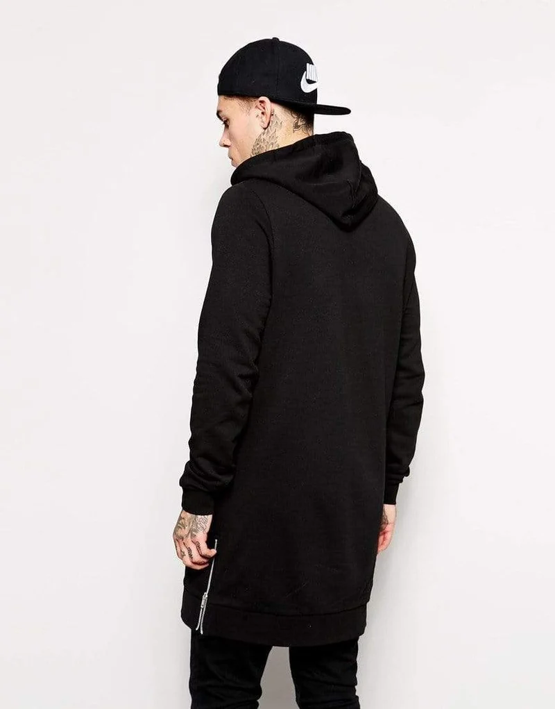 Streetwear Herren Lange Schwarze Hoodies Sweatshirts Feece extra lang Hoody Seitlicher Reißverschluss Longline Hip Hop verlängert für Männer Hoodie