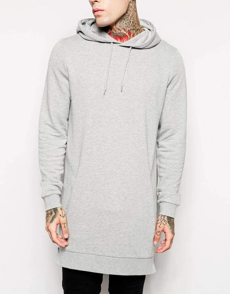 Streetwear Herren Lange Schwarze Hoodies Sweatshirts Feece extra lang Hoody Seitlicher Reißverschluss Longline Hip Hop verlängert für Männer Hoodie