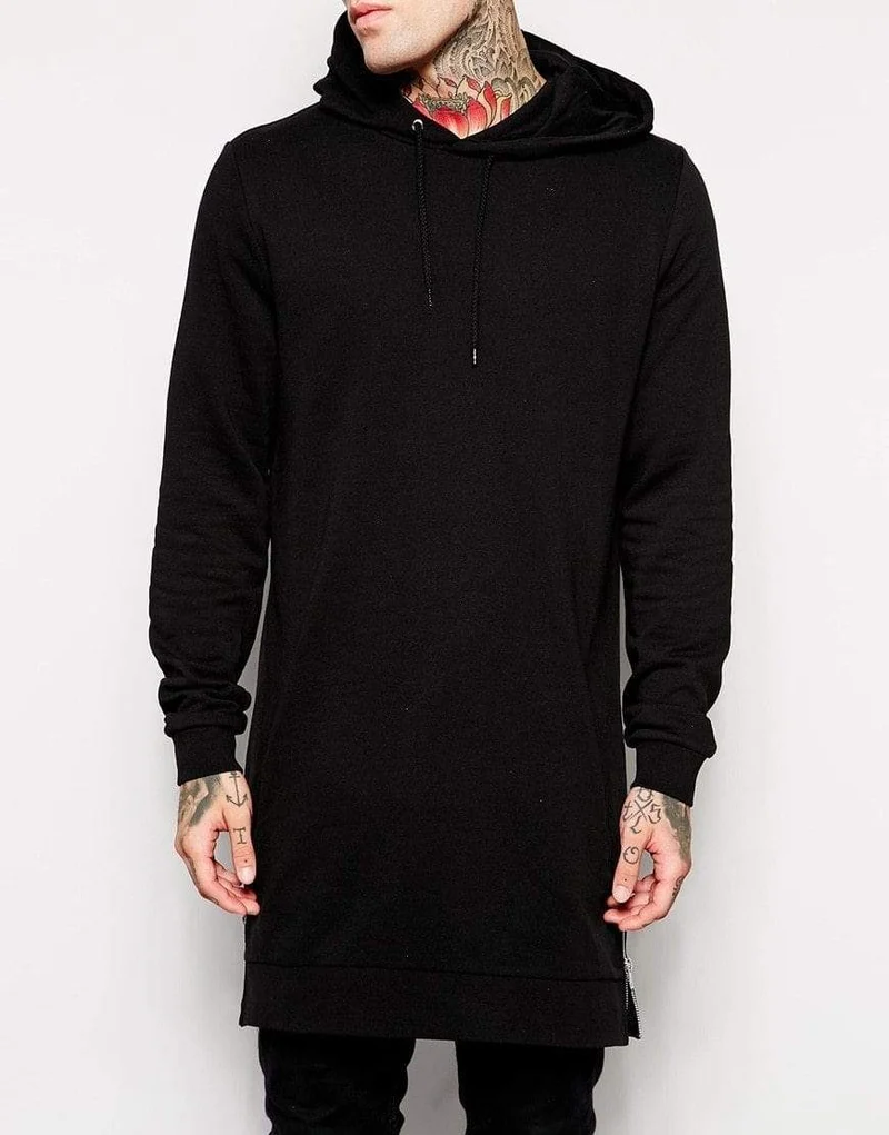 Streetwear Herren Lange Schwarze Hoodies Sweatshirts Feece extra lang Hoody Seitlicher Reißverschluss Longline Hip Hop verlängert für Männer Hoodie