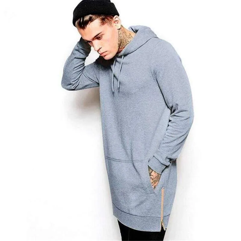 Streetwear Herren Lange Schwarze Hoodies Sweatshirts Feece extra lang Hoody Seitlicher Reißverschluss Longline Hip Hop verlängert für Männer Hoodie