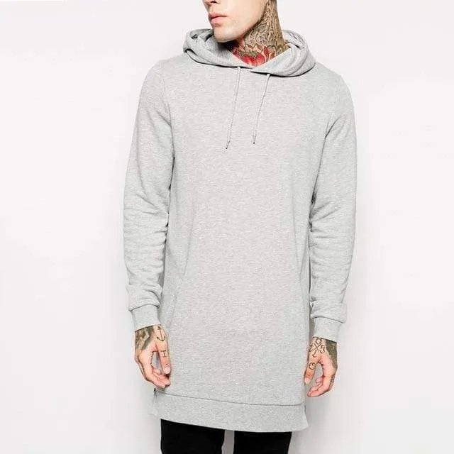 Streetwear Herren Lange Schwarze Hoodies Sweatshirts Feece extra lang Hoody Seitlicher Reißverschluss Longline Hip Hop verlängert für Männer Hoodie