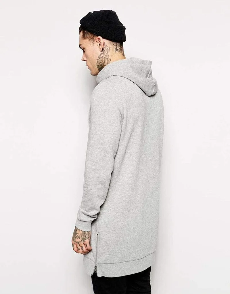 Streetwear Herren Lange Schwarze Hoodies Sweatshirts Feece extra lang Hoody Seitlicher Reißverschluss Longline Hip Hop verlängert für Männer Hoodie