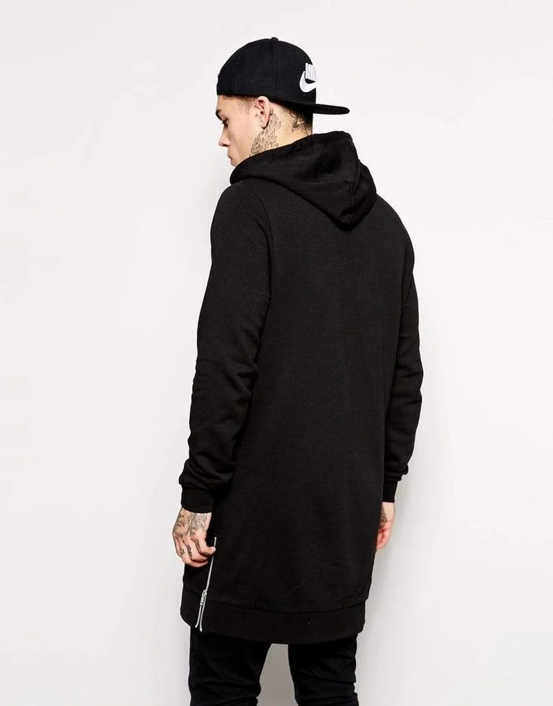 Streetwear Herren Lange Schwarze Hoodies Sweatshirts Feece extra lang Hoody Seitlicher Reißverschluss Longline Hip Hop verlängert für Männer Hoodie