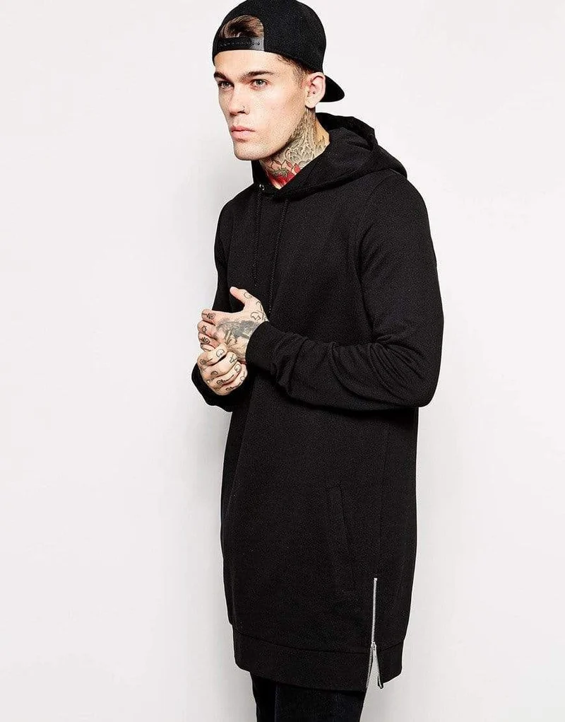 Streetwear Herren Lange Schwarze Hoodies Sweatshirts Feece extra lang Hoody Seitlicher Reißverschluss Longline Hip Hop verlängert für Männer Hoodie