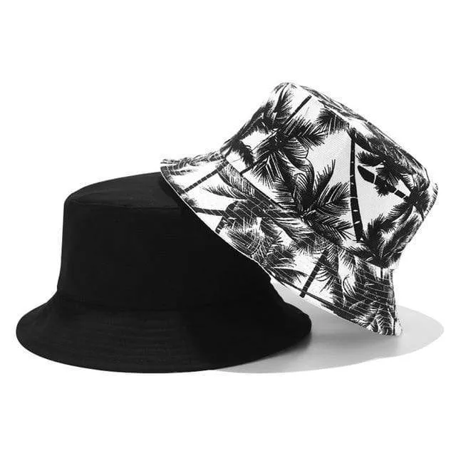 Mode Sommer Reversible Schwarz Weiß Coconut Tree Gedruckt Fisherman Caps Eimer Hüte Gorro Pescador Männer Frauen