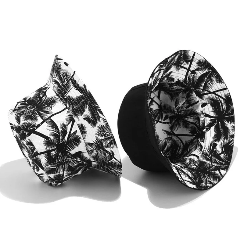 Mode Sommer Reversible Schwarz Weiß Coconut Tree Gedruckt Fisherman Caps Eimer Hüte Gorro Pescador Männer Frauen