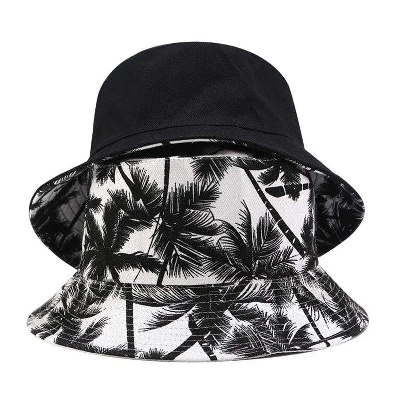 Mode Sommer Reversible Schwarz Weiß Coconut Tree Gedruckt Fisherman Caps Eimer Hüte Gorro Pescador Männer Frauen