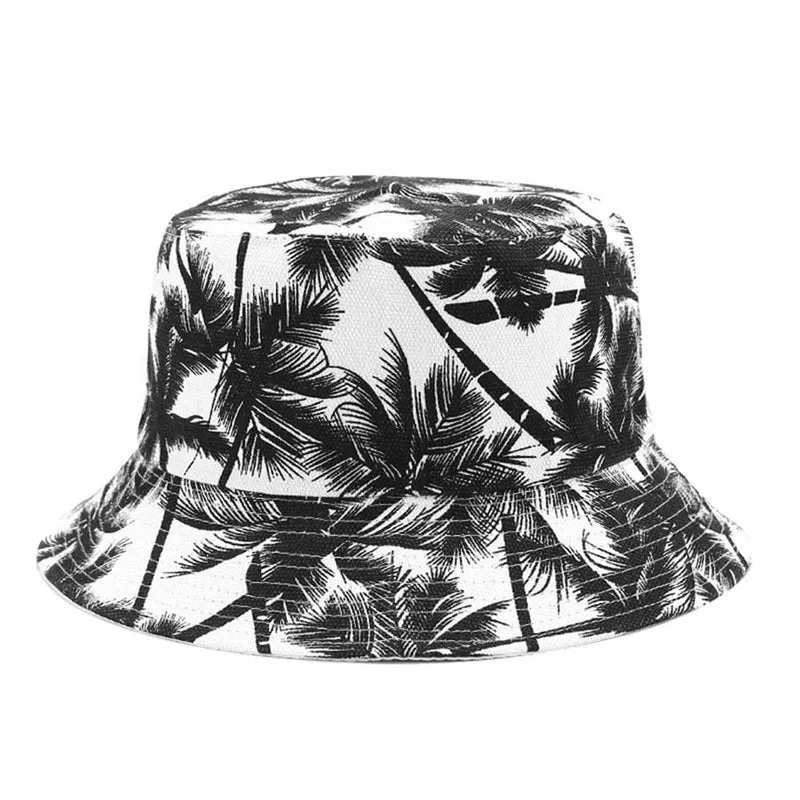 Mode Sommer Reversible Schwarz Weiß Coconut Tree Gedruckt Fisherman Caps Eimer Hüte Gorro Pescador Männer Frauen