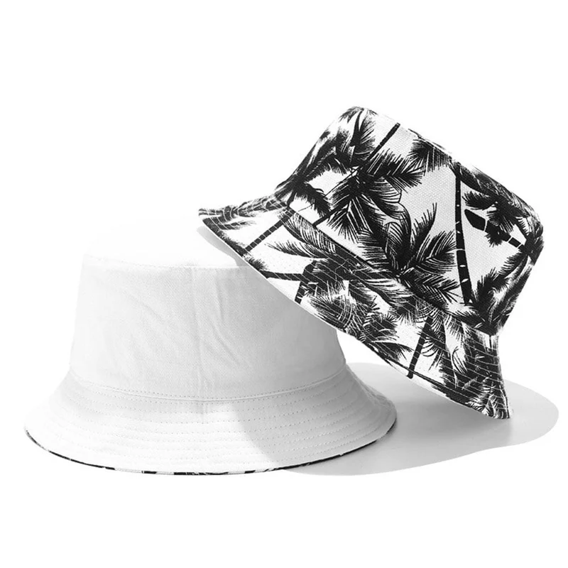 Mode Sommer Reversible Schwarz Weiß Coconut Tree Gedruckt Fisherman Caps Eimer Hüte Gorro Pescador Männer Frauen