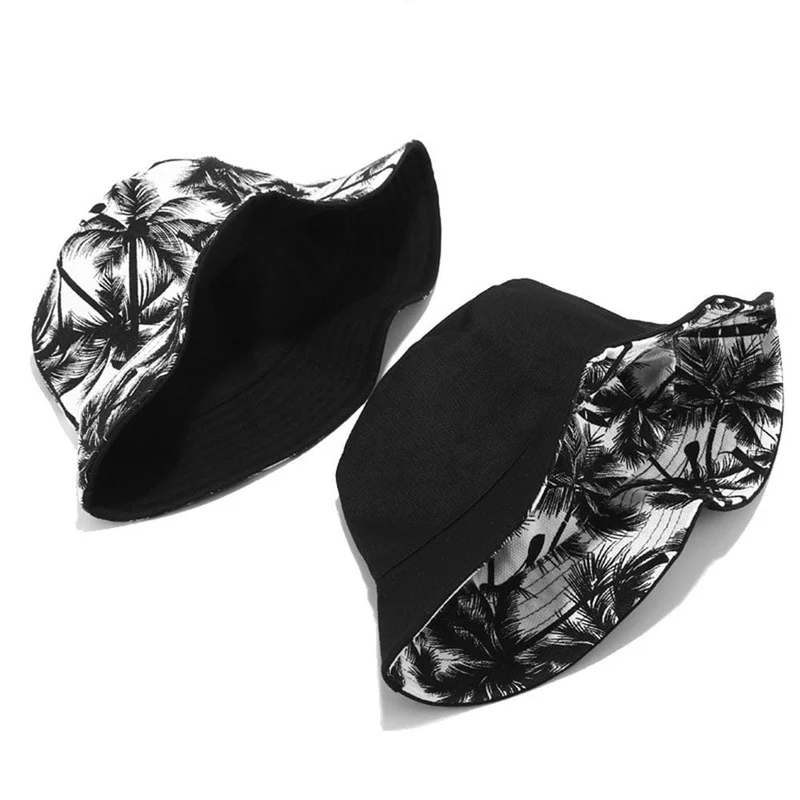 Mode Sommer Reversible Schwarz Weiß Coconut Tree Gedruckt Fisherman Caps Eimer Hüte Gorro Pescador Männer Frauen