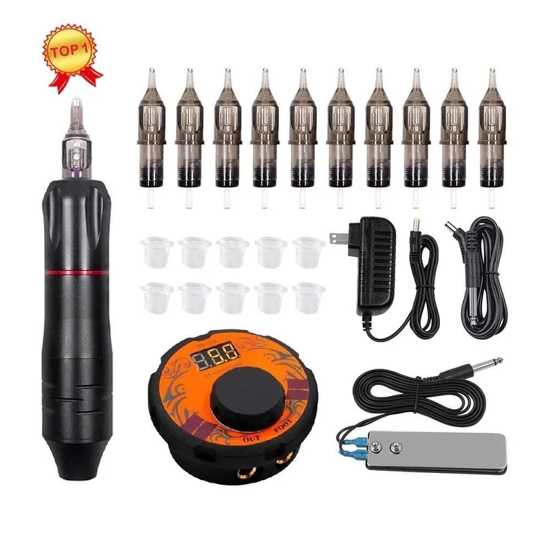 Professionelles Tattoo-Maschinen-Kit Tattoo-Netzteil Drehstift mit Patronen Nadeln für Permanent Make-up Augenbrauen Microblading