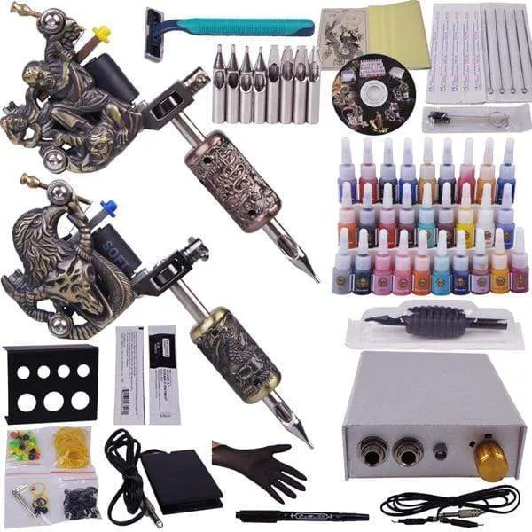 Professionelles komplettes Tattoo-Set, Maschinen-Netzteil, 2 Pistolen, 28 Farbtinten, Einweg-Nadelspitzen-Set für Anfänger