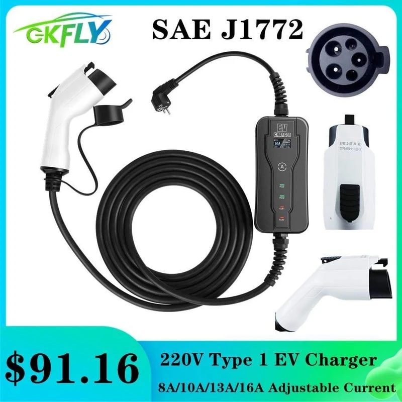 GKFLY 220V Typ 1 Tragbares EV-Ladegerät SAE J1772 Level 1 8A 10A 13A 16A Autoladestationen Intelligentes AC-Ladegerät für Elektroautos