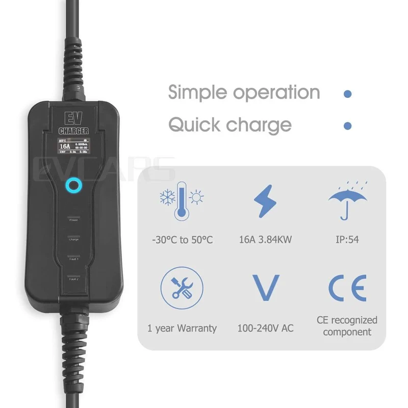 Tragbares EV-Ladegerät für Autos, Elektrofahrzeuge, Typ 1-Stecker, 16 A, 5 m, J1772 Level 2 EVSE Controlle-Ladestationen für Leaf