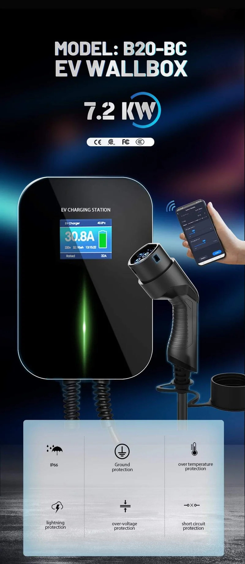 32A 1Phase APP Wifi EVSE Wallbox EV Ladegerät Ladestation für Elektrofahrzeuge mit Typ 2 Kabel IEC 62196-2 für MINI Cooper