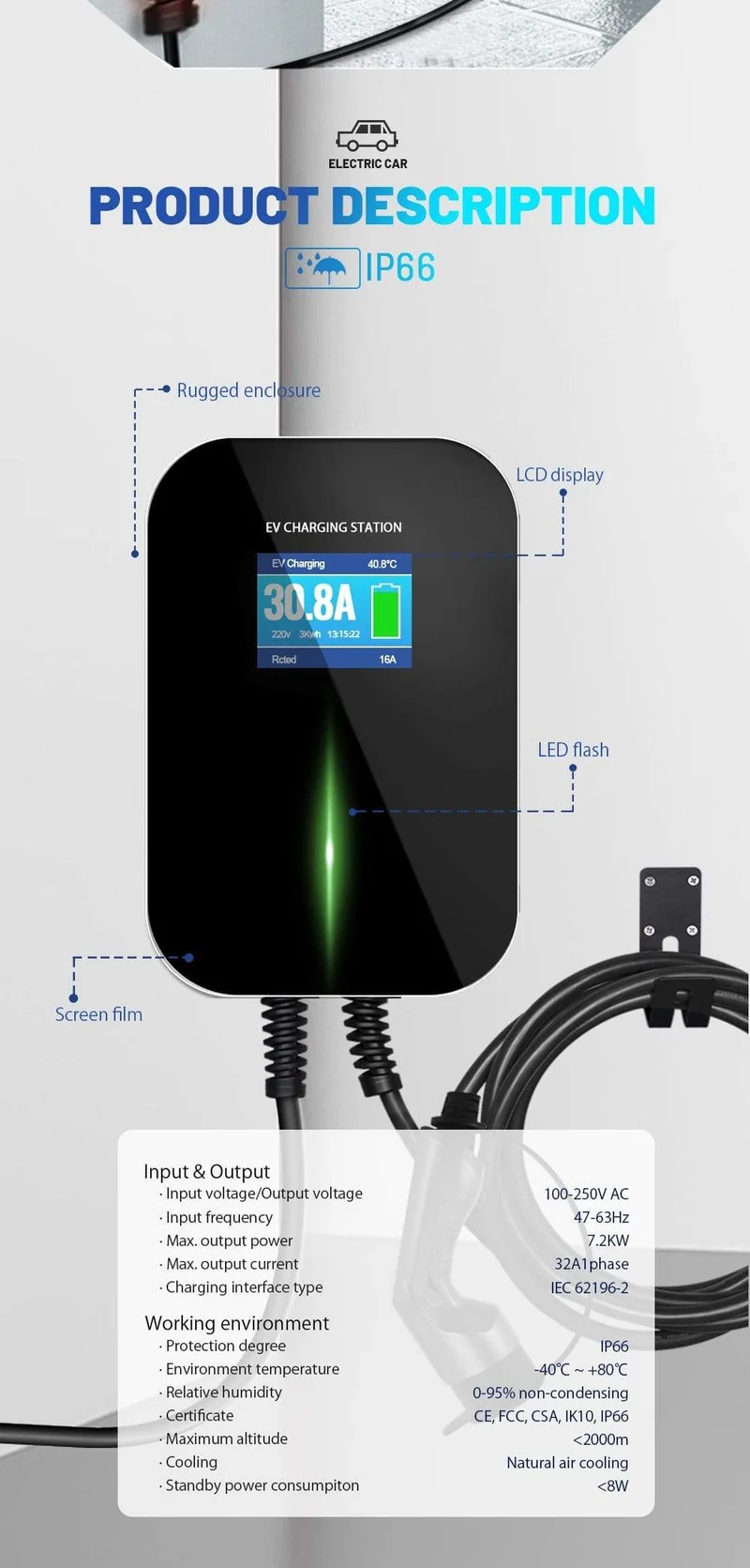 32A 1Phase APP Wifi EVSE Wallbox EV Ladegerät Ladestation für Elektrofahrzeuge mit Typ 2 Kabel IEC 62196-2 für MINI Cooper
