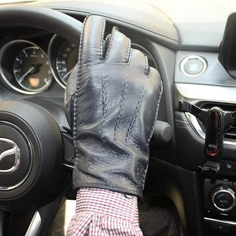 Modische Herrenhandschuhe aus Hirschleder, farbiger Touchscreen, handgenähtes Wollfutter, echte Lederhandschuhe