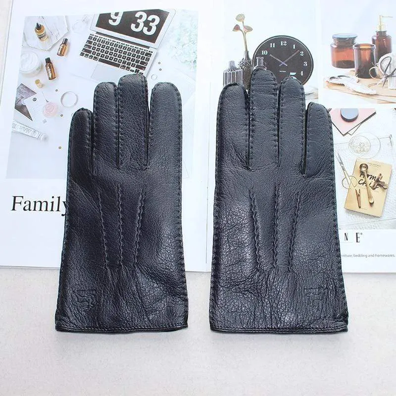 Modische Herrenhandschuhe aus Hirschleder, farbiger Touchscreen, handgenähtes Wollfutter, echte Lederhandschuhe