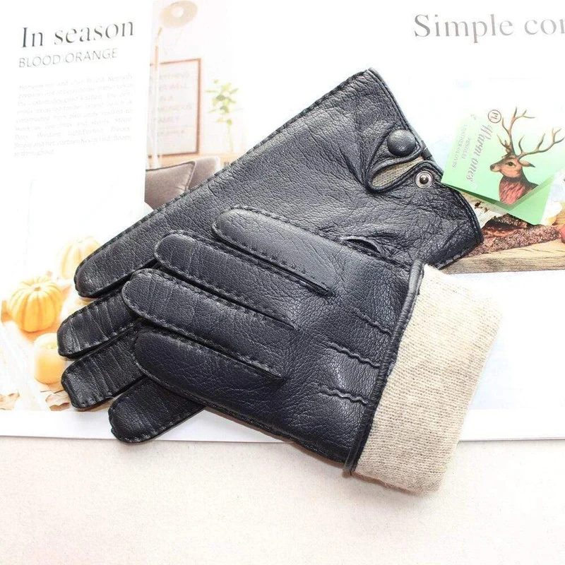 Modische Herrenhandschuhe aus Hirschleder, farbiger Touchscreen, handgenähtes Wollfutter, echte Lederhandschuhe