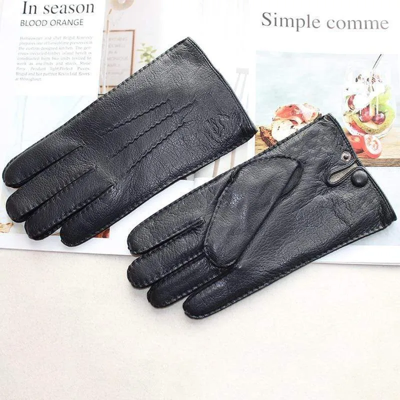 Modische Herrenhandschuhe aus Hirschleder, farbiger Touchscreen, handgenähtes Wollfutter, echte Lederhandschuhe