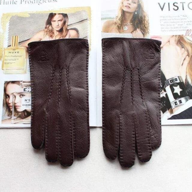 Modische Herrenhandschuhe aus Hirschleder, farbiger Touchscreen, handgenähtes Wollfutter, echte Lederhandschuhe