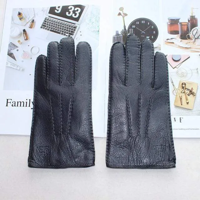 Modische Herrenhandschuhe aus Hirschleder, farbiger Touchscreen, handgenähtes Wollfutter, echte Lederhandschuhe