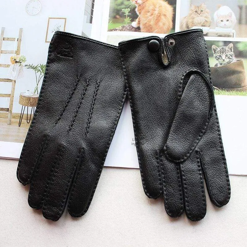 Modische Herrenhandschuhe aus Hirschleder, farbiger Touchscreen, handgenähtes Wollfutter, echte Lederhandschuhe
