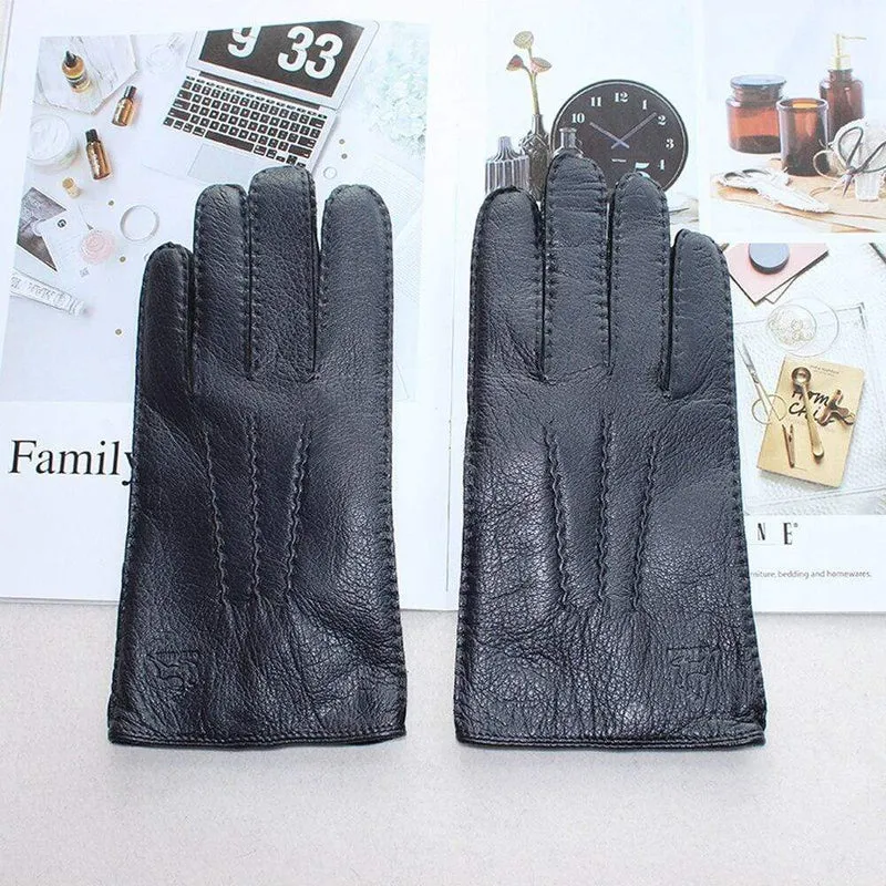 Modische Herrenhandschuhe aus Hirschleder, farbiger Touchscreen, handgenähtes Wollfutter, echte Lederhandschuhe