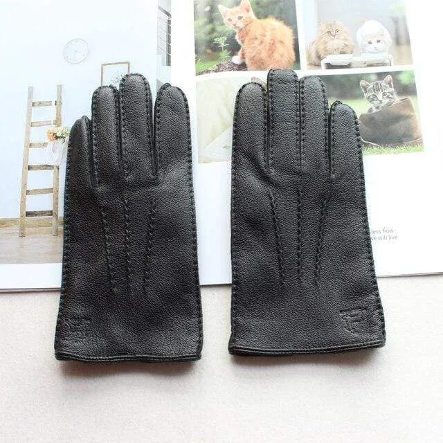 Modische Herrenhandschuhe aus Hirschleder, farbiger Touchscreen, handgenähtes Wollfutter, echte Lederhandschuhe