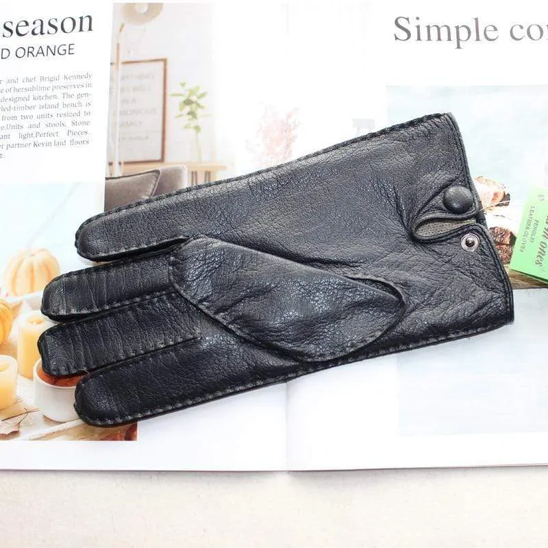 Modische Herrenhandschuhe aus Hirschleder, farbiger Touchscreen, handgenähtes Wollfutter, echte Lederhandschuhe