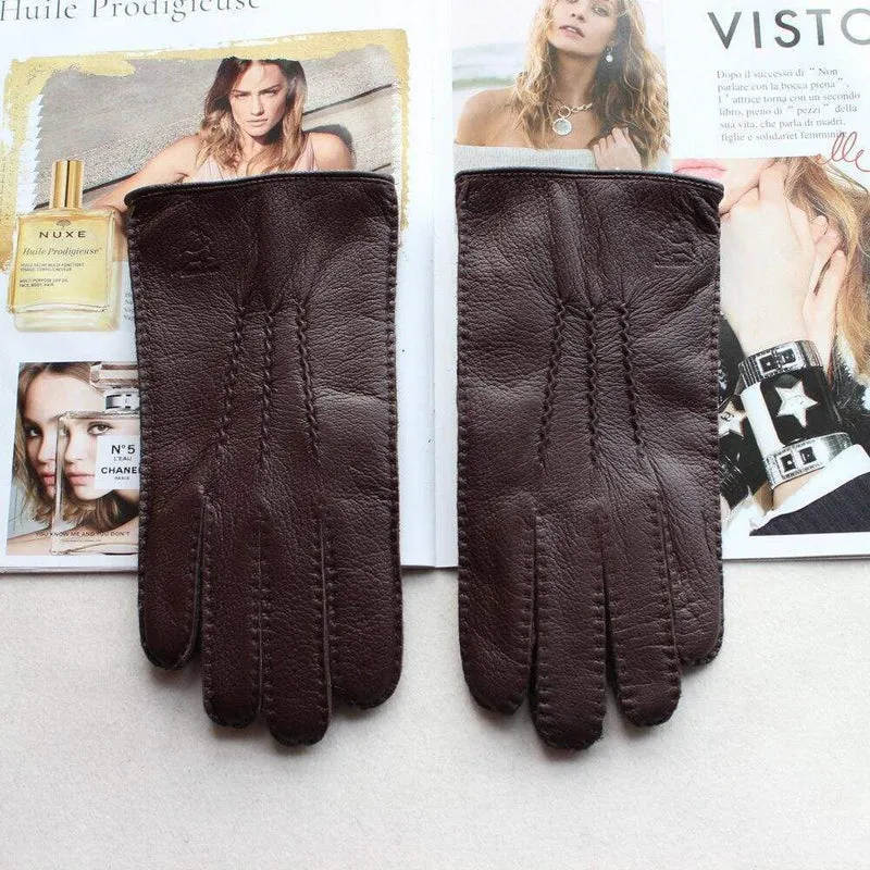 Modische Herrenhandschuhe aus Hirschleder, farbiger Touchscreen, handgenähtes Wollfutter, echte Lederhandschuhe