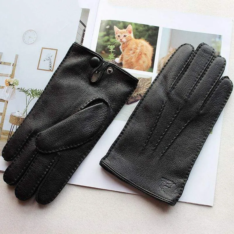 Modische Herrenhandschuhe aus Hirschleder, farbiger Touchscreen, handgenähtes Wollfutter, echte Lederhandschuhe