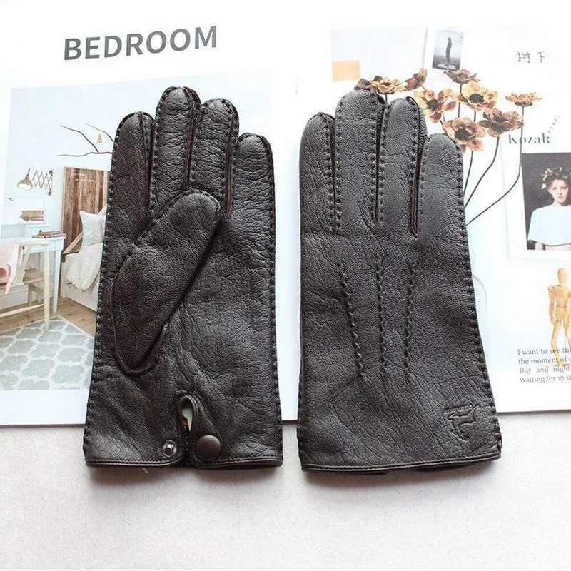 Modische Herrenhandschuhe aus Hirschleder, farbiger Touchscreen, handgenähtes Wollfutter, echte Lederhandschuhe