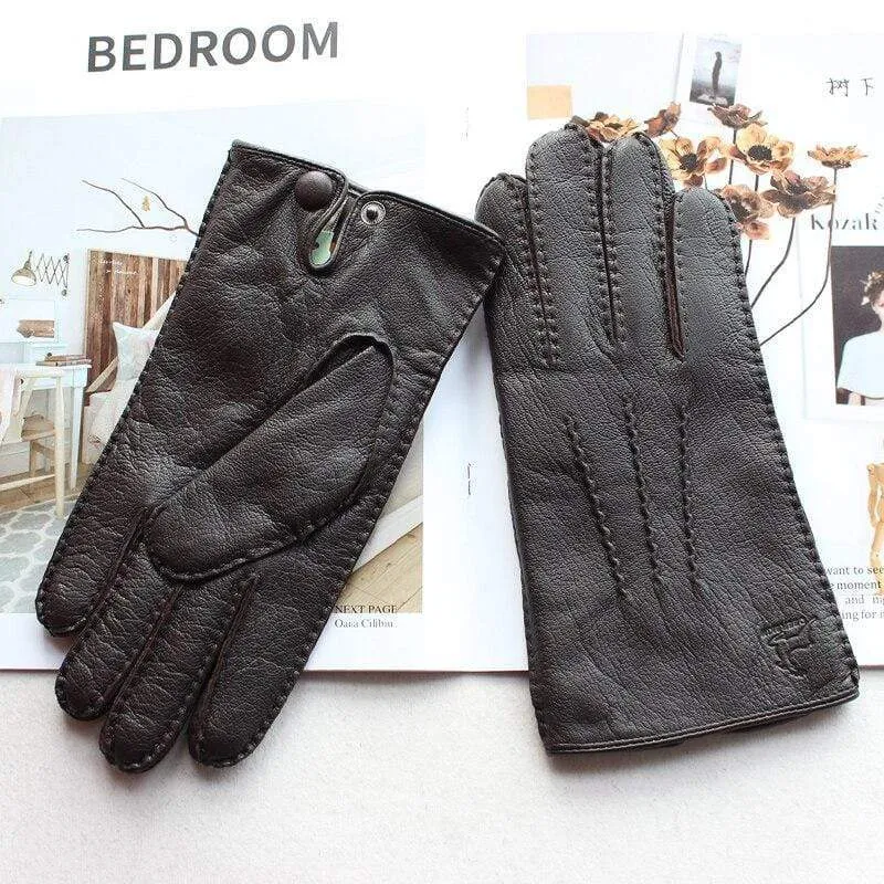 Modische Herrenhandschuhe aus Hirschleder, farbiger Touchscreen, handgenähtes Wollfutter, echte Lederhandschuhe