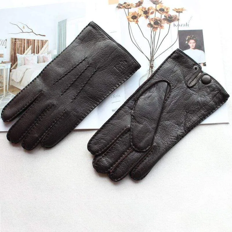 Modische Herrenhandschuhe aus Hirschleder, farbiger Touchscreen, handgenähtes Wollfutter, echte Lederhandschuhe