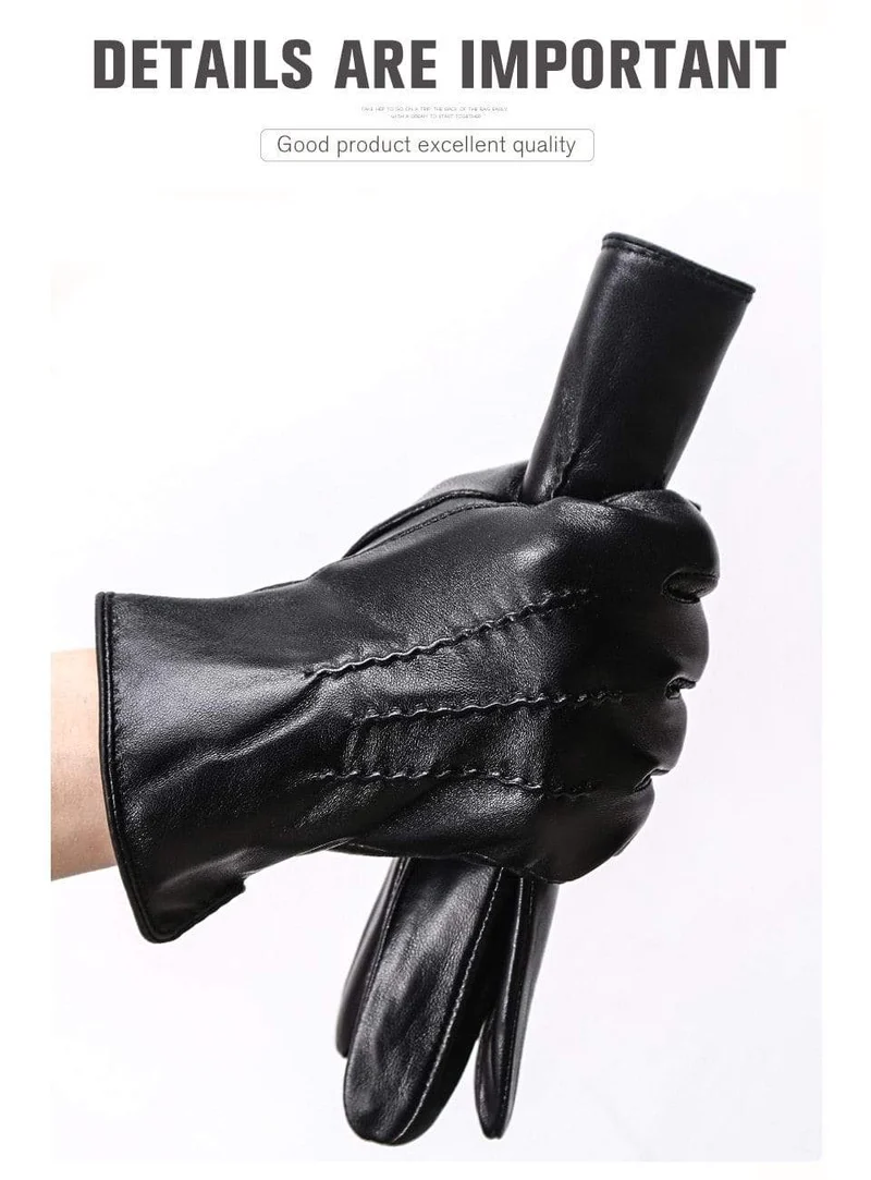 Bequeme warme Handschuhe für den Winter, Lammfell-Handschuhe mit Wasserripple-Design, schwarze Herren-Lederhandschuhe - 8001Y