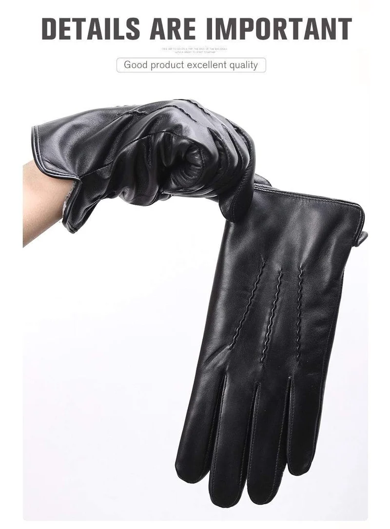 Bequeme warme Handschuhe für den Winter, Lammfell-Handschuhe mit Wasserripple-Design, schwarze Herren-Lederhandschuhe - 8001Y