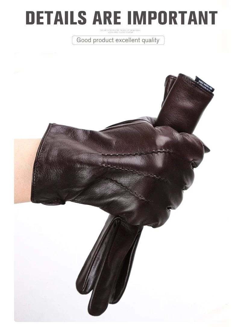 Bequeme warme Handschuhe für den Winter, Lammfell-Handschuhe mit Wasserripple-Design, schwarze Herren-Lederhandschuhe - 8001Y