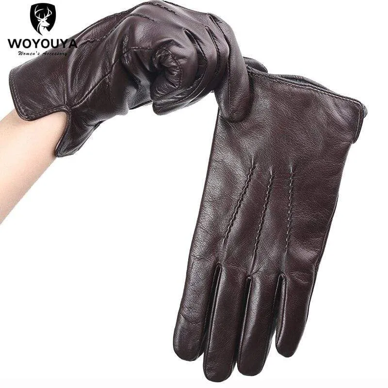 Bequeme warme Handschuhe für den Winter, Lammfell-Handschuhe mit Wasserripple-Design, schwarze Herren-Lederhandschuhe - 8001Y