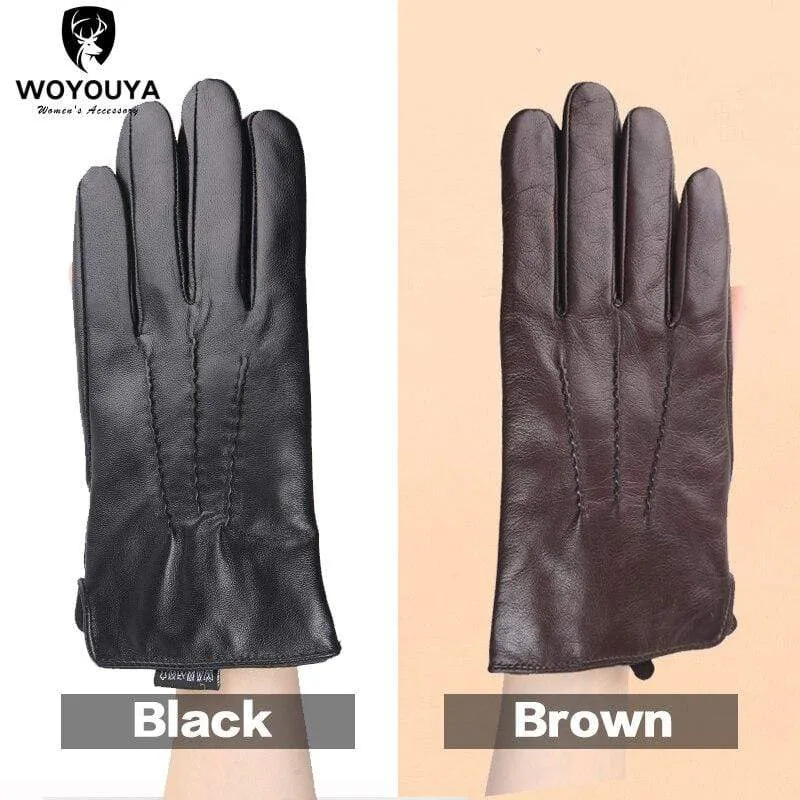 Bequeme warme Handschuhe für den Winter, Lammfell-Handschuhe mit Wasserripple-Design, schwarze Herren-Lederhandschuhe - 8001Y