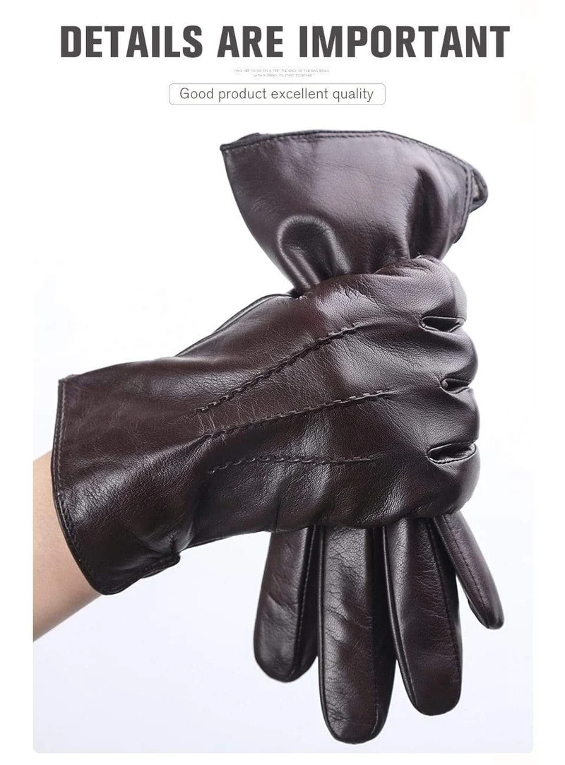 Bequeme warme Handschuhe für den Winter, Lammfell-Handschuhe mit Wasserripple-Design, schwarze Herren-Lederhandschuhe - 8001Y