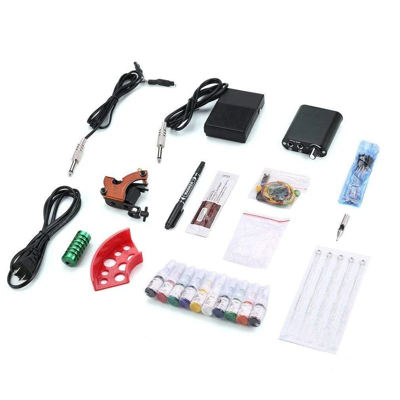 Professionelle Tattoo-Kits Set Pro Gun Maschine Power Pedal 10 Farbtintensets Netzteil Einwegnadel Grip Tip US-Stecker Neu