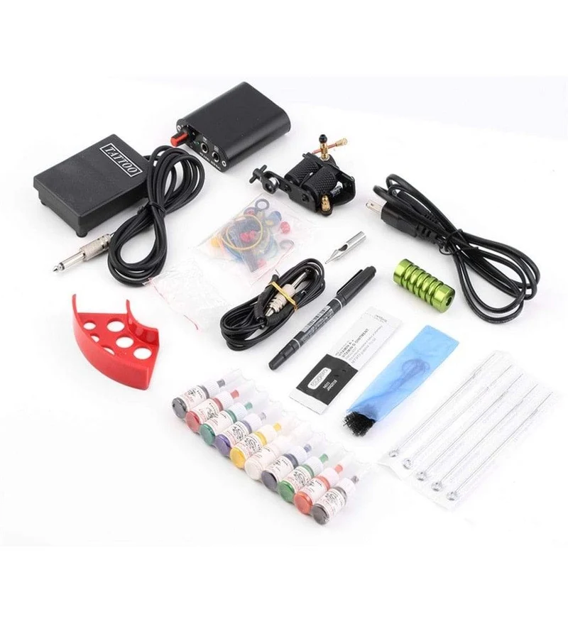 Professionelle Tattoo-Kits Set Pro Gun Maschine Power Pedal 10 Farbtintensets Netzteil Einwegnadel Grip Tip US-Stecker Neu