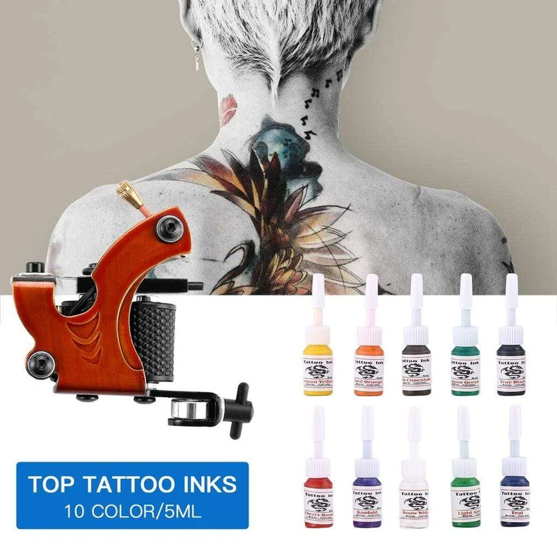 Professionelle Tattoo-Kits Set Pro Gun Maschine Power Pedal 10 Farbtintensets Netzteil Einwegnadel Grip Tip US-Stecker Neu