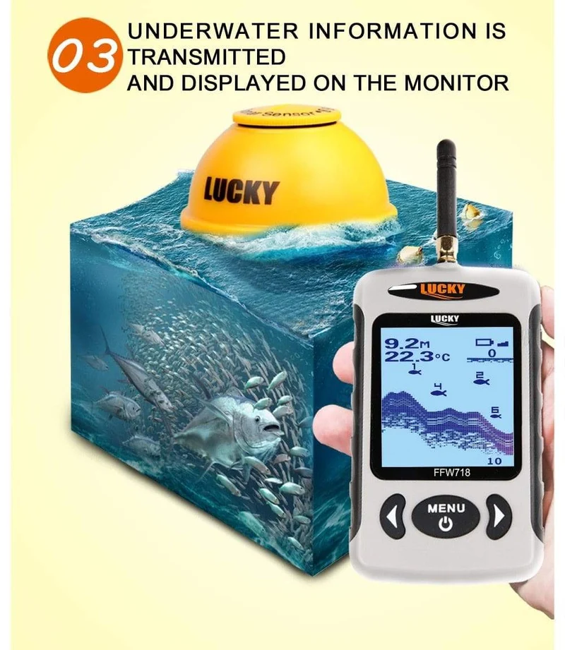 Russisches Menü Wireless Sonar Tragbarer Fischfinder Sensor Echolot Alarm Fluss See Meeresboden Live 135ft/45M