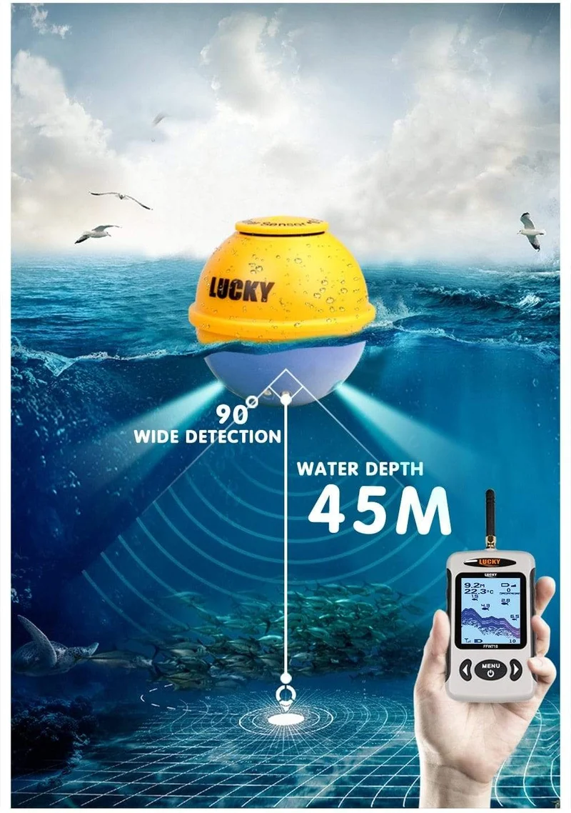 Russisches Menü Wireless Sonar Tragbarer Fischfinder Sensor Echolot Alarm Fluss See Meeresboden Live 135ft/45M