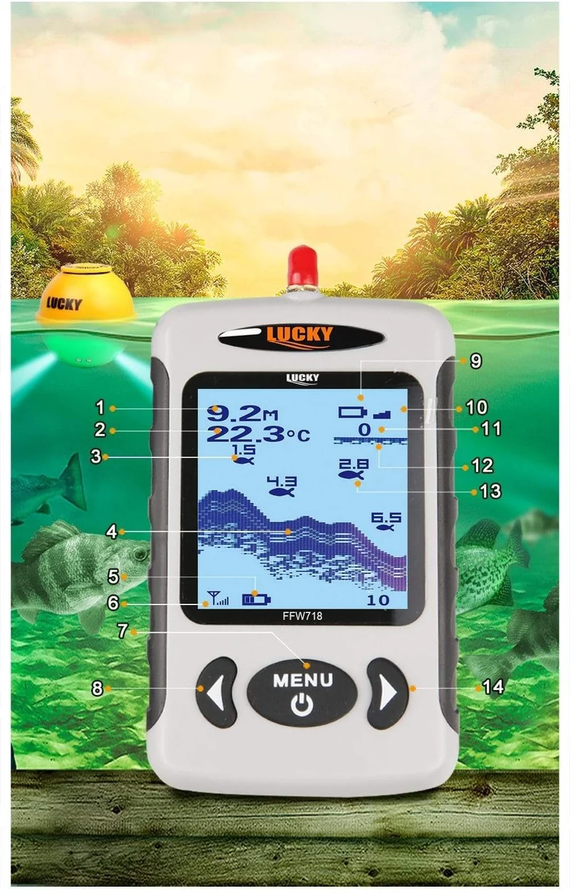 Russisches Menü Wireless Sonar Tragbarer Fischfinder Sensor Echolot Alarm Fluss See Meeresboden Live 135ft/45M
